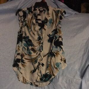 DKNY Cream Floral Ruffle Blouse with Blue & Green Accents